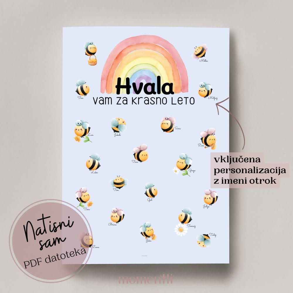 Zahvalna kartica z motivom mavrice in čebelic za vzgojiteljico – darilo za konec šolskega leta